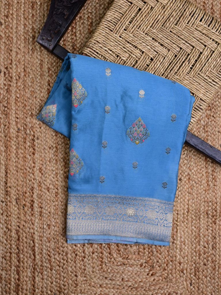 Chinnon fancy saree sky blue color allover zari weaves & zari border with rich pallu and plain self blouse