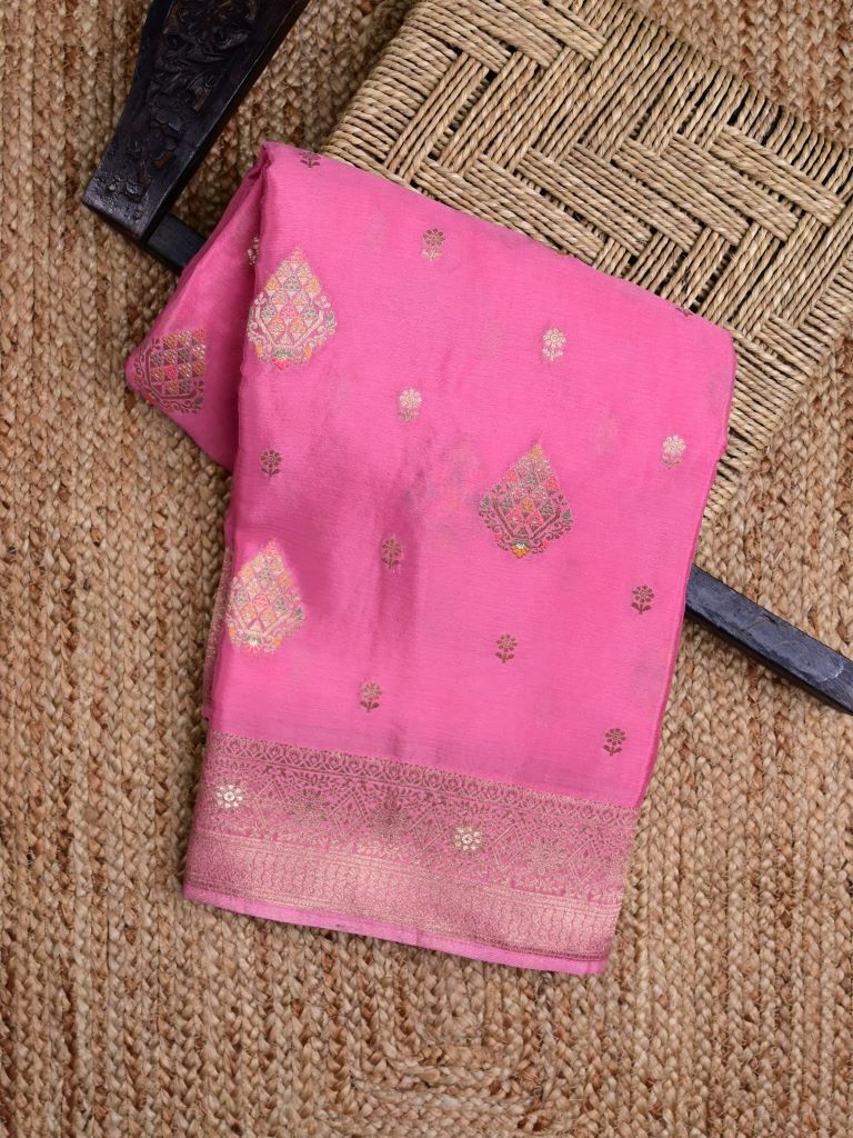 Chinnon fancy saree light pink color allover zari weaves & zari border with rich pallu and plain self blouse