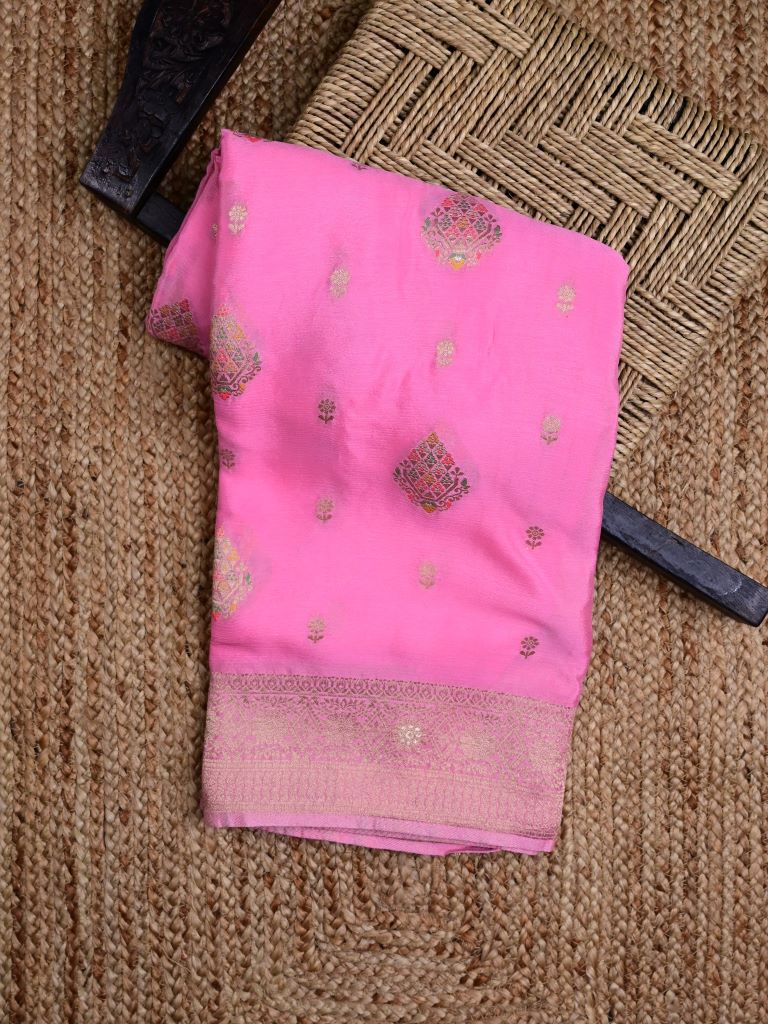 Chinnon fancy saree rose pink color allover zari weaves & zari border with rich pallu and plain self blouse