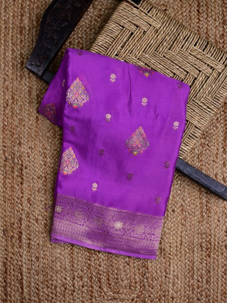 Chinnon fancy saree purple color allover zari weaves & zari border with rich pallu and plain self blouse