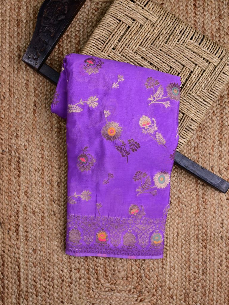 Chinnon fancy saree lavender color allover zari weaves & zari border with rich pallu and attached self blouse