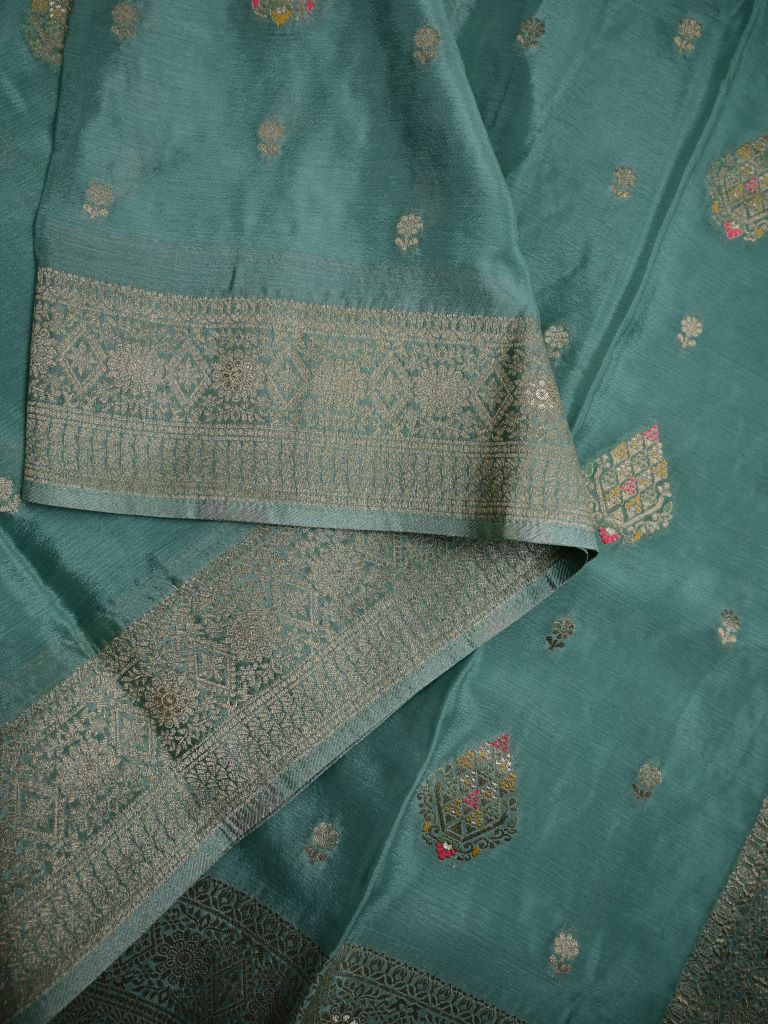 Chinnon fancy saree cyan blue color allover zari weaves & zari border with rich pallu and plain self blouse