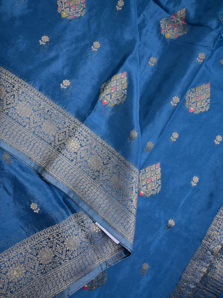 Chinnon fancy saree sky blue color allover zari weaves & zari border with rich pallu and plain self blouse