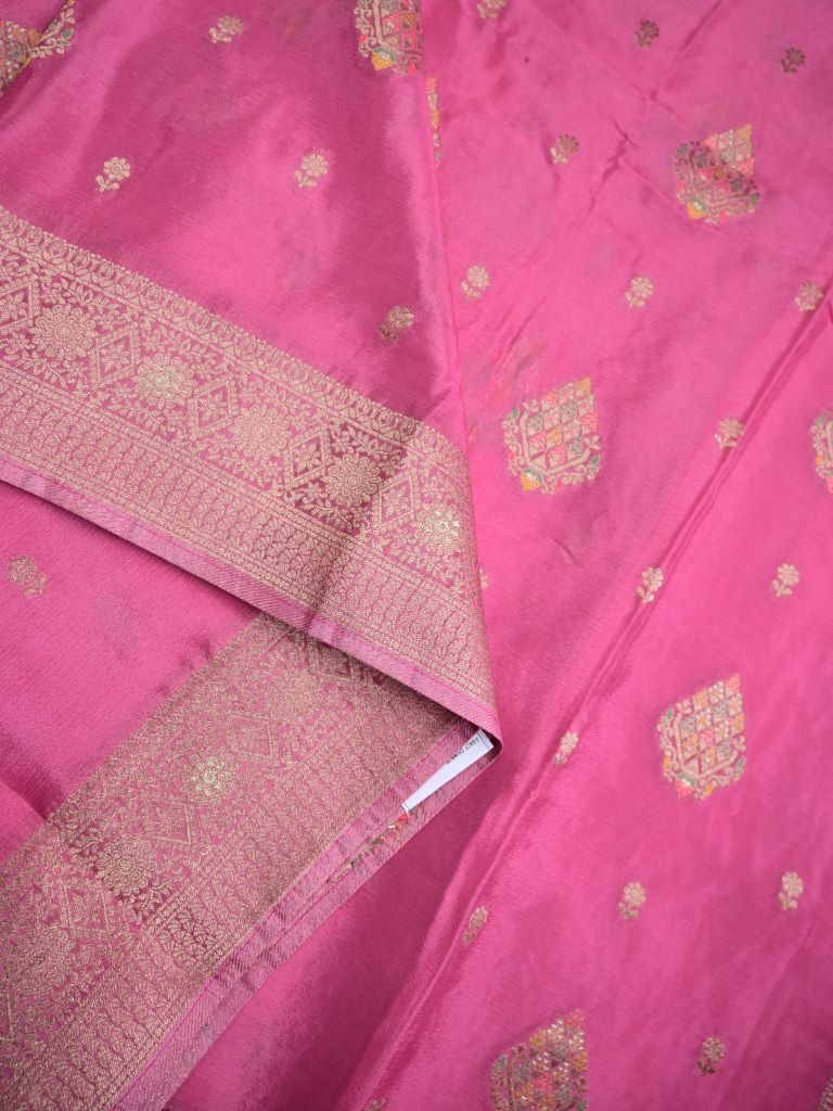 Chinnon fancy saree light pink color allover zari weaves & zari border with rich pallu and plain self blouse