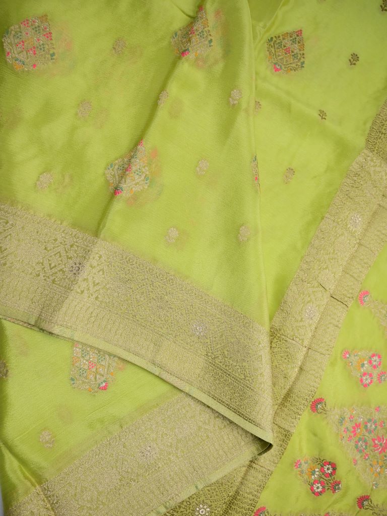 Chinnon fancy saree light green color allover zari weaves & zari border with rich pallu and plain self blouse