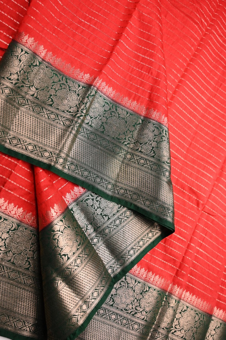 Banaras fancy saree red color allover zari stripes & zari weaving kanchi border with rich pallu and contrast zari motifs blouse