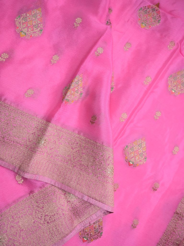 Chinnon fancy saree rose pink color allover zari weaves & zari border with rich pallu and plain self blouse