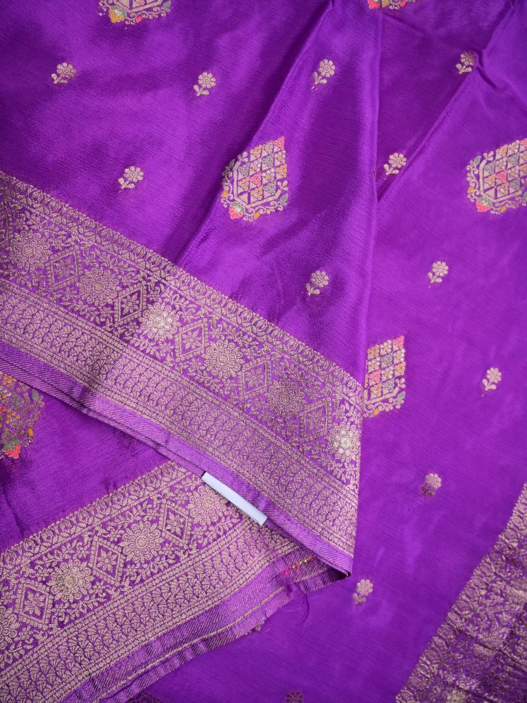 Chinnon fancy saree purple color allover zari weaves & zari border with rich pallu and plain self blouse