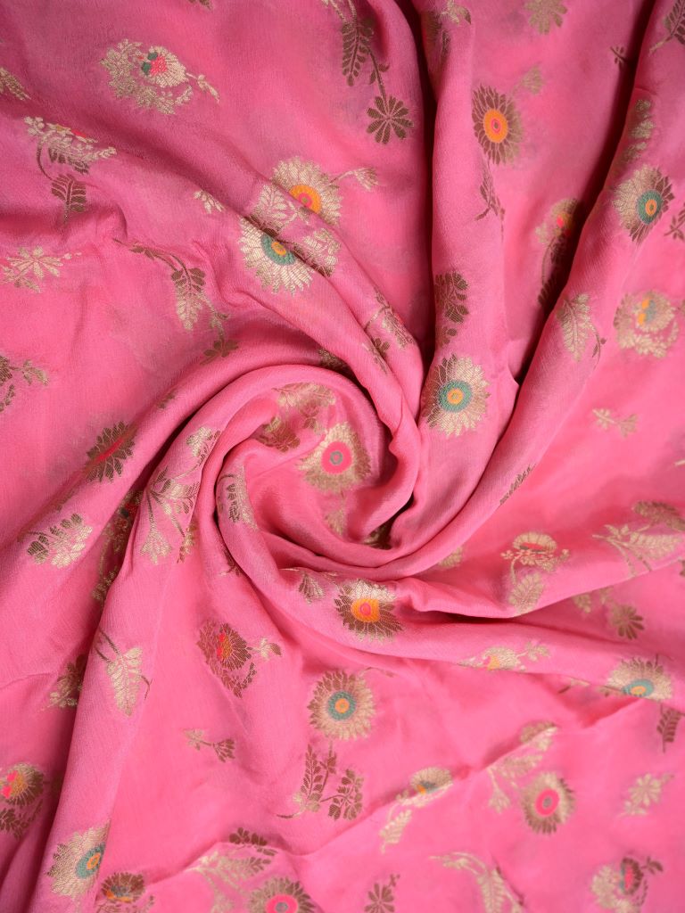 Chinnon fancy saree light pink color allover zari weaves & zari border with rich pallu and attached self blouse