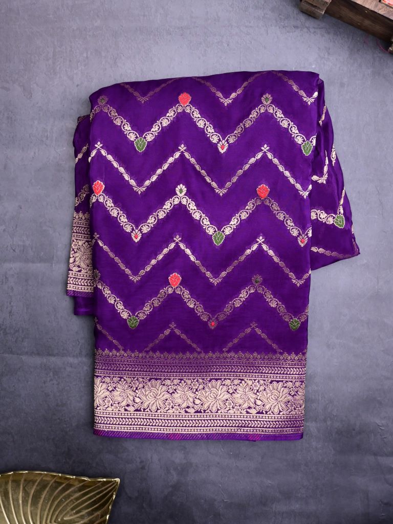 Organza viscose fancy saree violet color allover zari weaves & zari border with rich pallu and embroidery stitched blouse