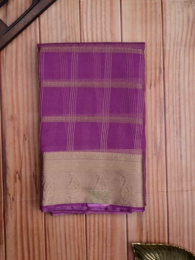 Organza fancy saree lavender color allover zari stripes & zari border with short pallu and running blouse