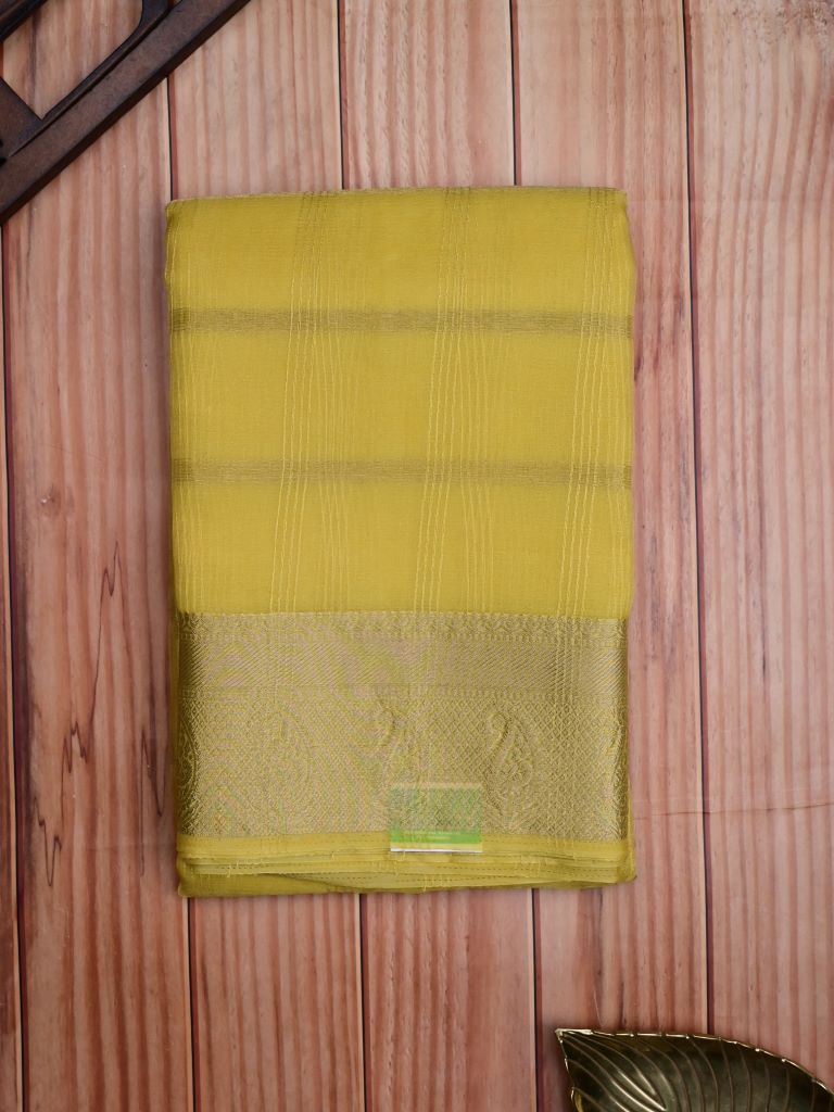 Organza fancy saree lemon yellow color allover zari stripes & zari border with short pallu and running blouse