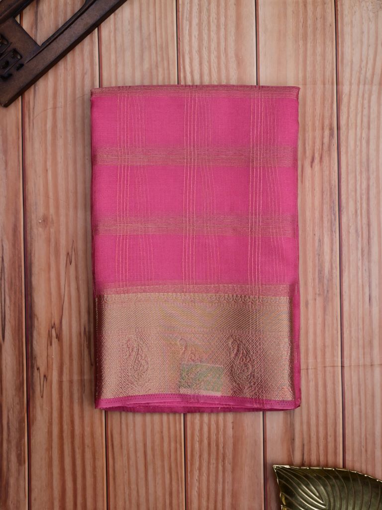 Organza fancy saree light pink color allover zari stripes & zari border with short pallu and running blouse