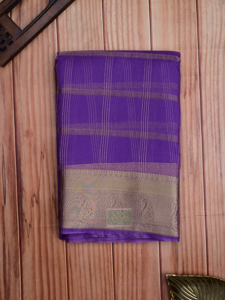 Organza fancy saree purple color allover zari stripes & zari border with short pallu and running blouse