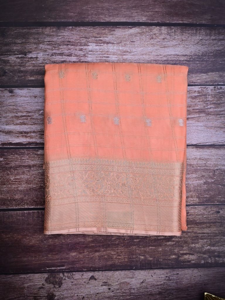 Tabby silk fancy saree peach color allover zari checks, motifs & zari border with short pallu and contrast blouse