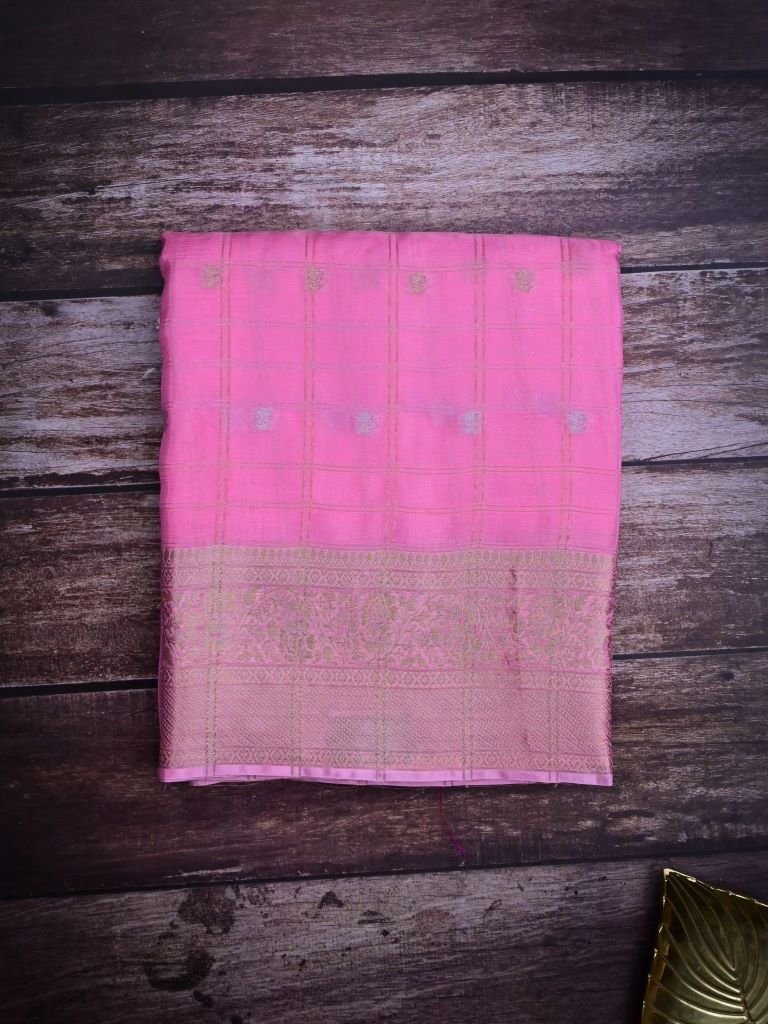 Tabby silk fancy saree baby pink color allover zari checks, motifs & zari border with short pallu and contrast blouse