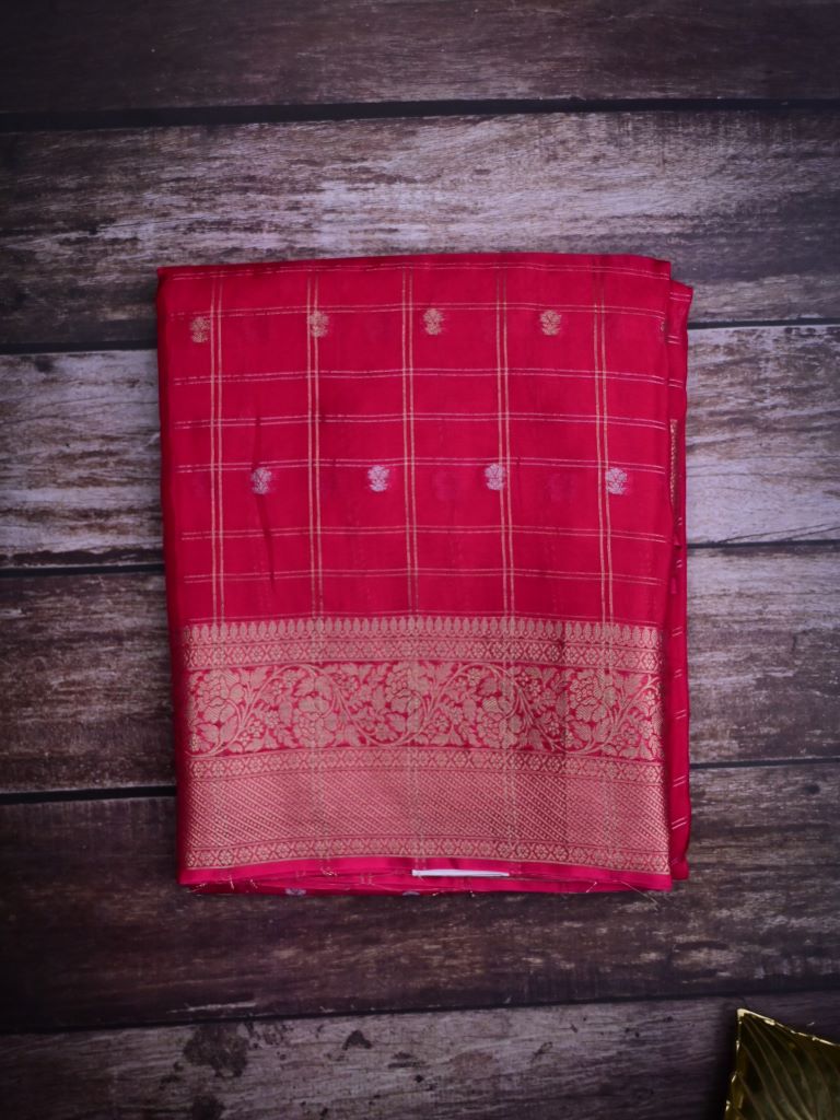 Tabby silk fancy saree cherry pink color allover zari checks, motifs & zari border with short pallu and contrast blouse