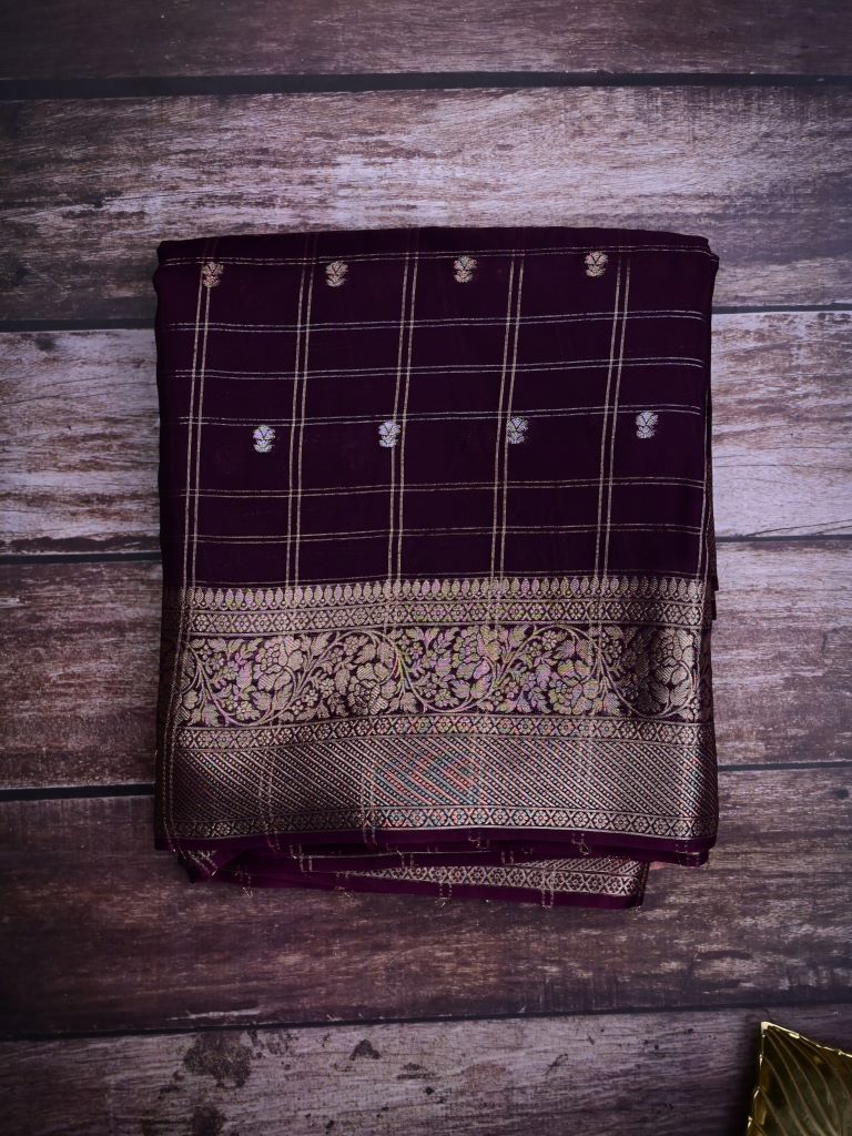 Tabby silk fancy saree dark wine color allover zari checks, motifs & zari border with short pallu and contrast blouse