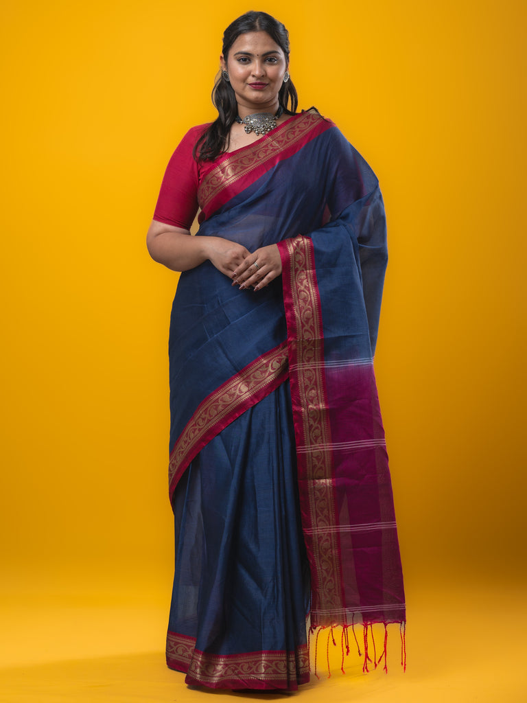 Dhaka cotton saree navy blue color allover plain & zari border with contrast plain pallu and plain blouse