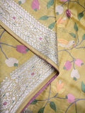 Organza tissue saree mustard yellow color allover weaves & zari border with running pallu and attached plain blouse