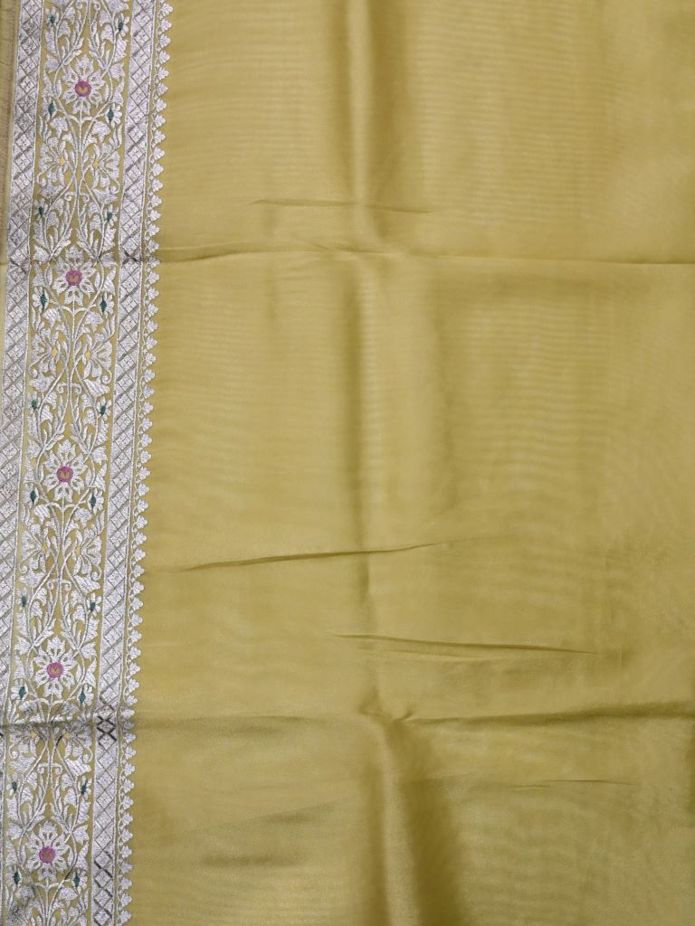 Organza tissue saree mustard yellow color allover weaves & zari border with running pallu and attached plain blouse