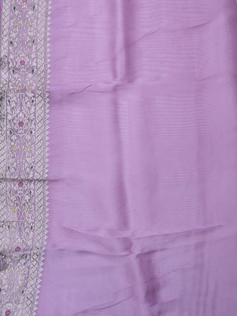 Organza tissue saree lavender color allover weaves & zari border with running pallu and attached plain blouse