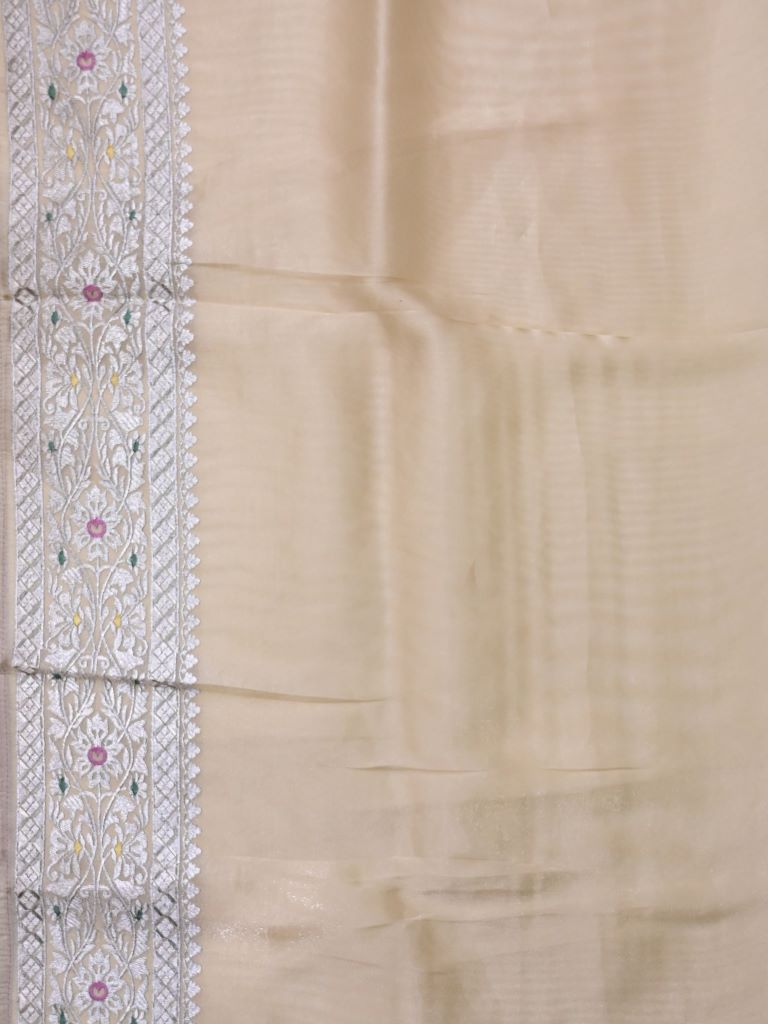 Organza tissue saree peach color allover weaves & zari border with running pallu and attached plain blouse