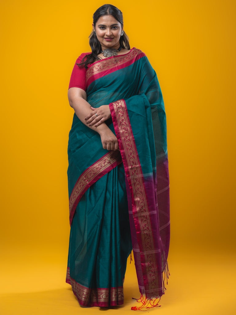 Dhaka cotton saree peacock blue color allover plain & zari border with contrast plain pallu and plain blouse