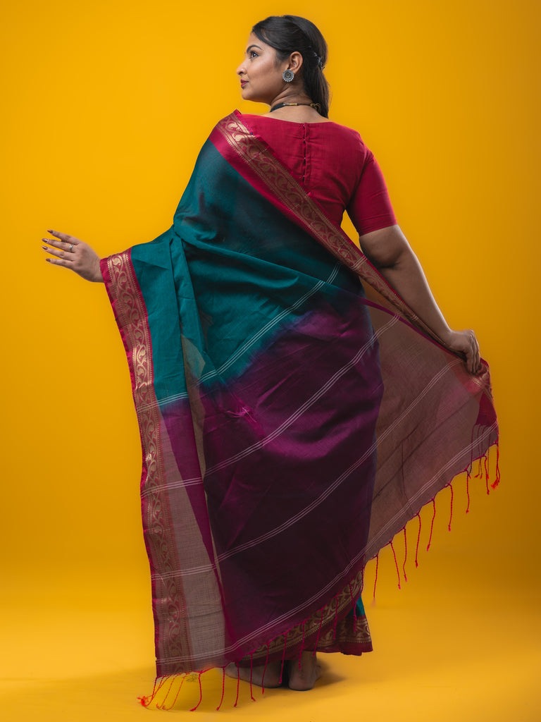 Dhaka cotton saree peacock blue color allover plain & zari border with contrast plain pallu and plain blouse