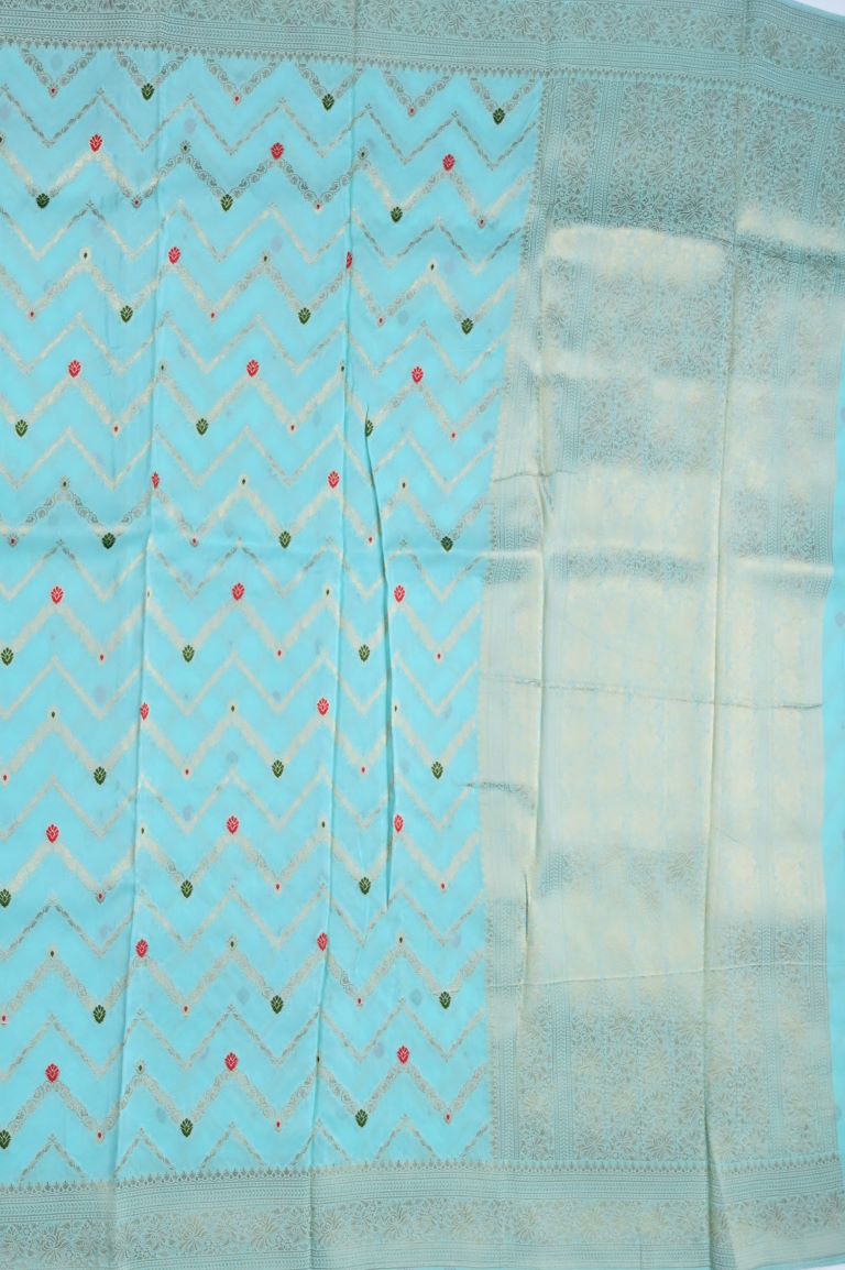 Organza viscose fancy saree light blue color allover zari weaves & zari border with rich pallu and embroidery stitched blouse