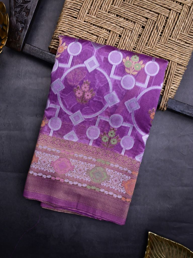 Dupion fancy saree purple color allover zari weaves & zari border with rich pallu and attached plain blouse