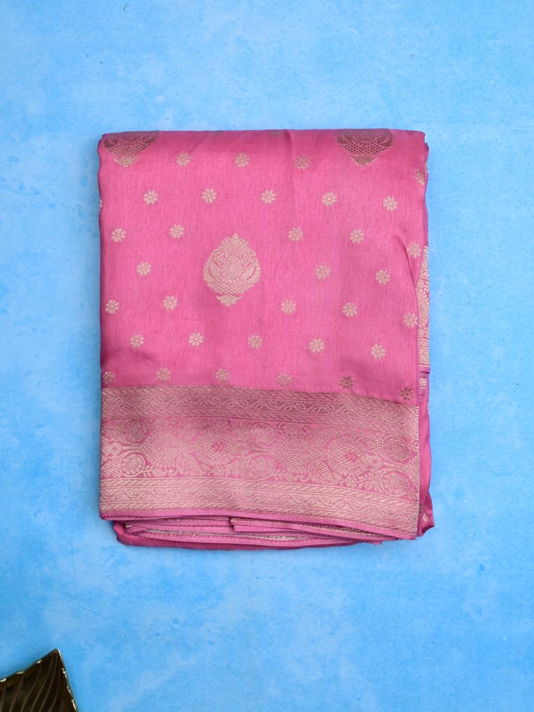 Dola silk fancy saree rose pink color allover zari weaves & zari border with rich pallu and attached plain blouse