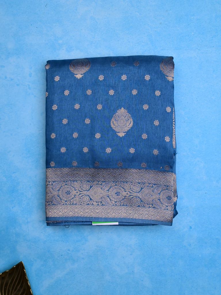 Dola silk fancy saree sky blue color allover zari weaves & zari border with rich pallu and attached plain blouse