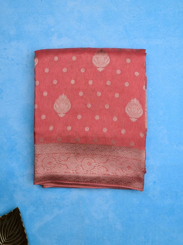 Dola silk fancy saree coral pink color allover zari weaves & zari border with rich pallu and attached plain blouse