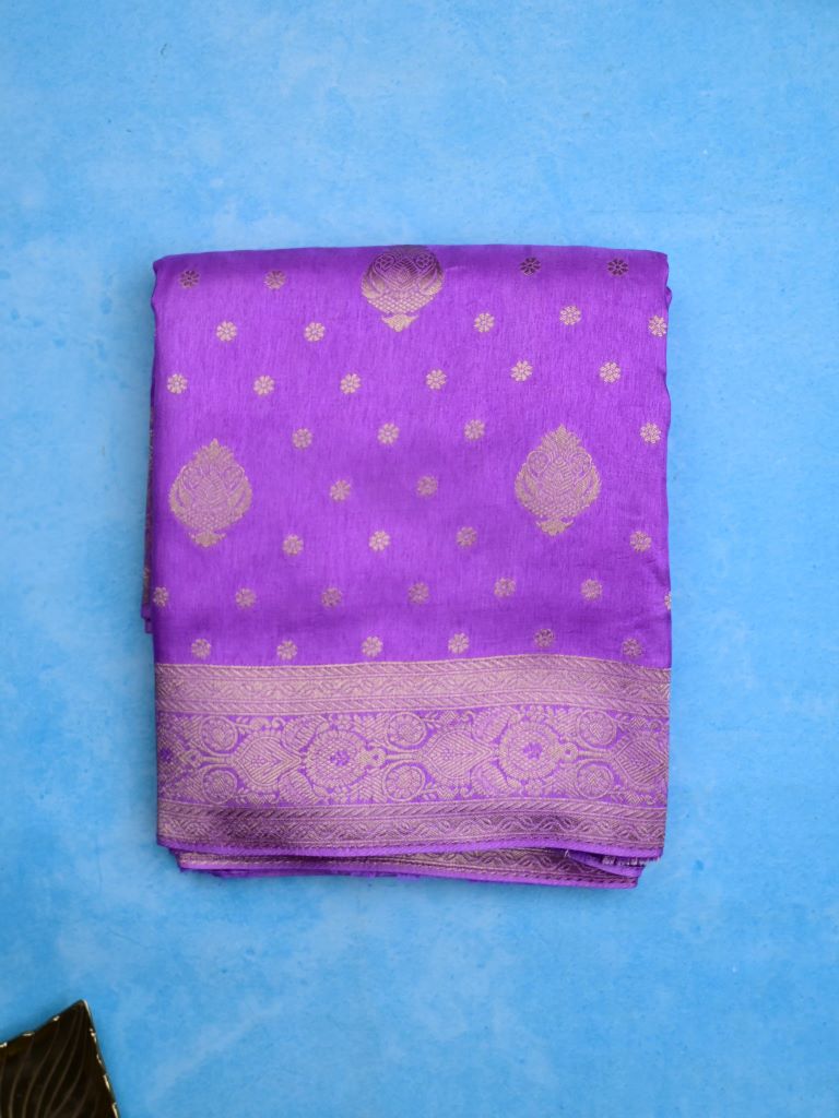 Dola silk fancy saree purple color allover zari weaves & zari border with rich pallu and attached plain blouse