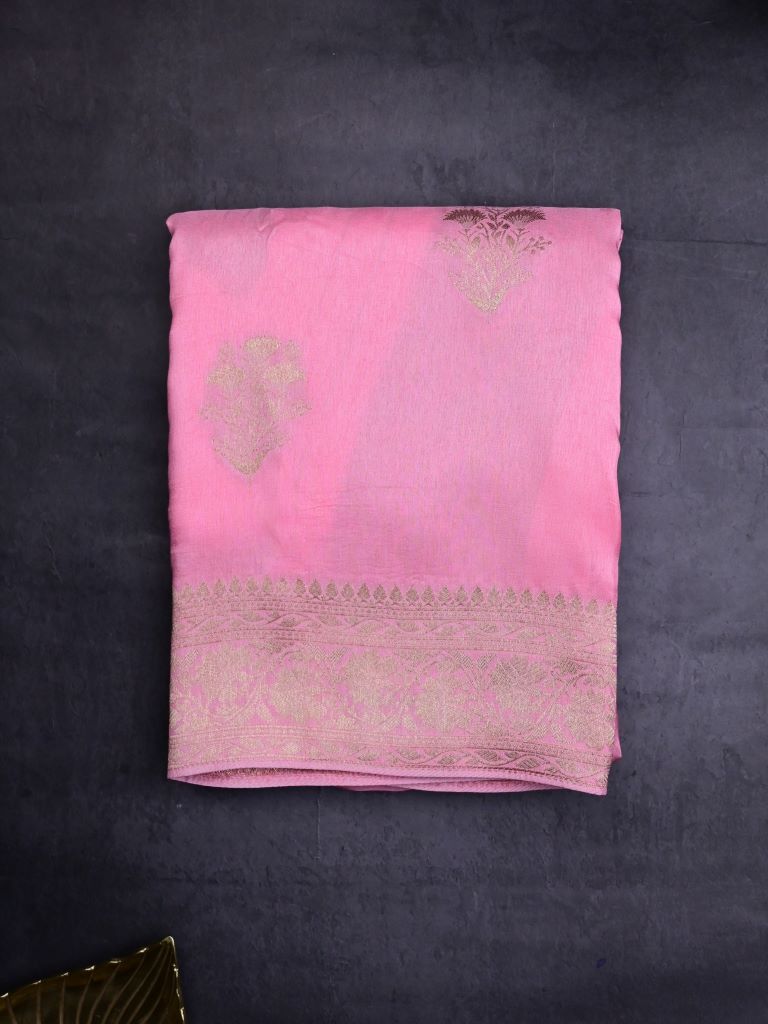 Dola silk fancy saree baby pink color allover zari weaves & zari border with rich pallu and attached plain blouse