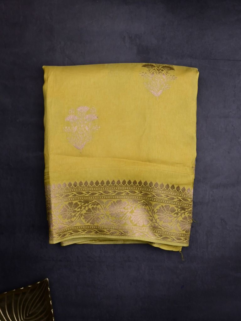 Dola silk fancy saree golden yellow color allover zari weaves & zari border with rich pallu and attached plain blouse