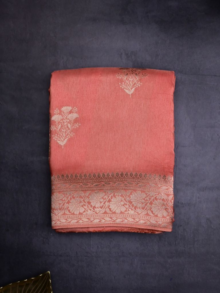 Dola silk fancy saree coral pink color allover zari weaves & zari border with rich pallu and attached plain blouse