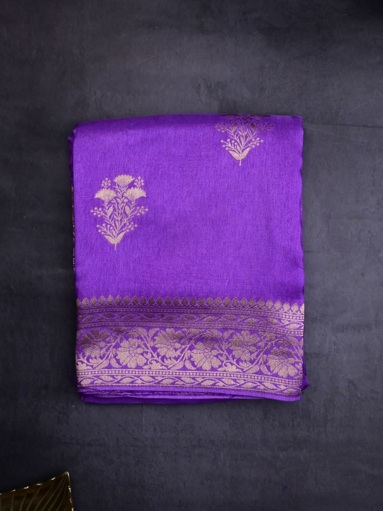 Dola silk fancy saree purple color allover zari weaves & zari border with rich pallu and attached plain blouse