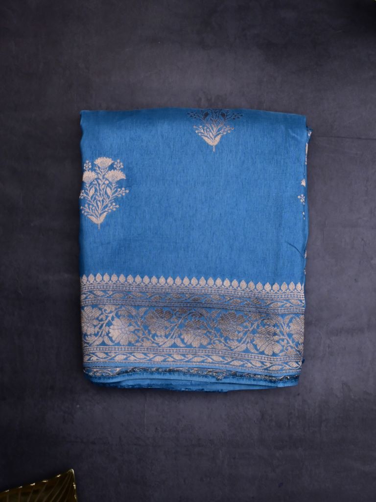 Dola silk fancy saree sky blue color allover zari weaves & zari border with rich pallu and attached plain blouse