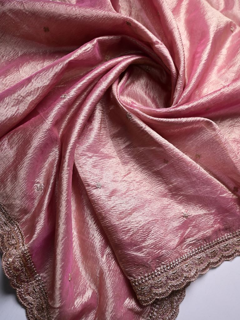 Tissue dupatta onion pink color with allover motifs and embroidery cutwork border