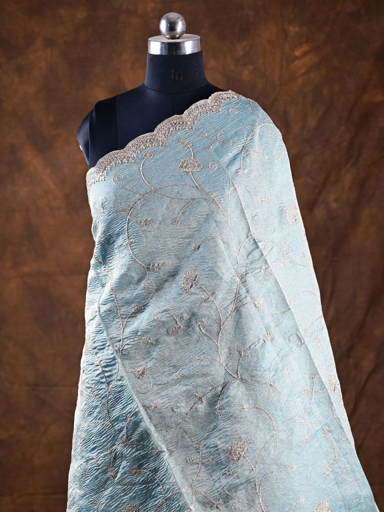 Tissue dupatta sea blue color allover embroidery with embroidery cutwork border