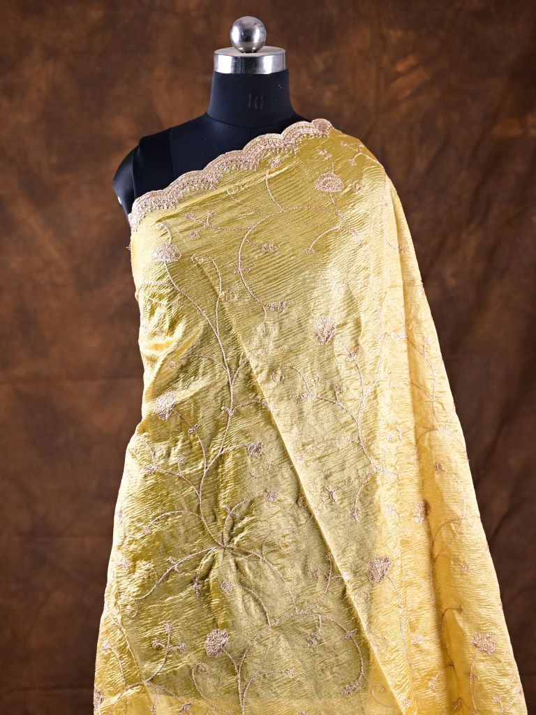 Tissue dupatta yellow color allover embroidery with embroidery cutwork border