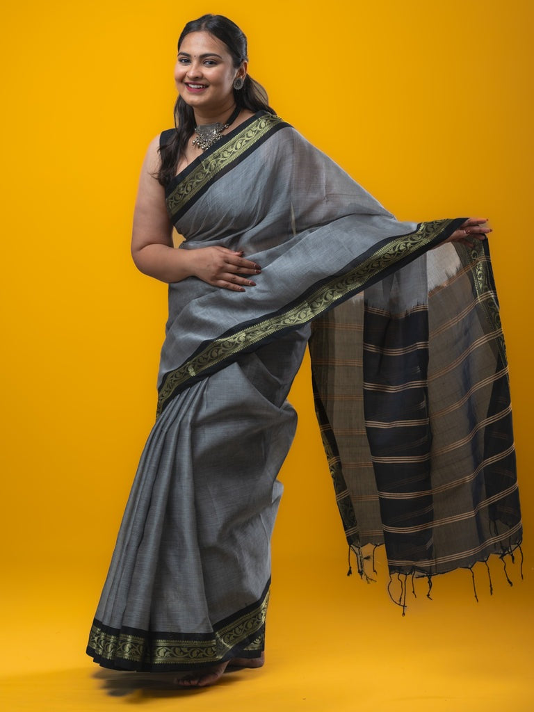 Dhaka cotton saree light grey color allover plain & zari border with contrast plain pallu and plain blouse