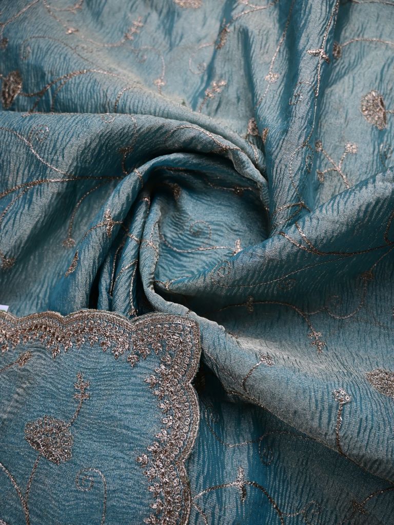 Tissue dupatta sea blue color allover embroidery with embroidery cutwork border