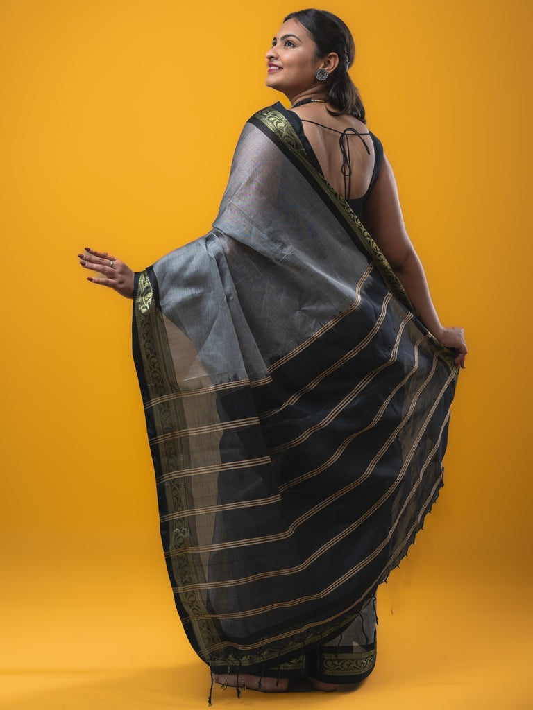 Dhaka cotton saree light grey color allover plain & zari border with contrast plain pallu and plain blouse