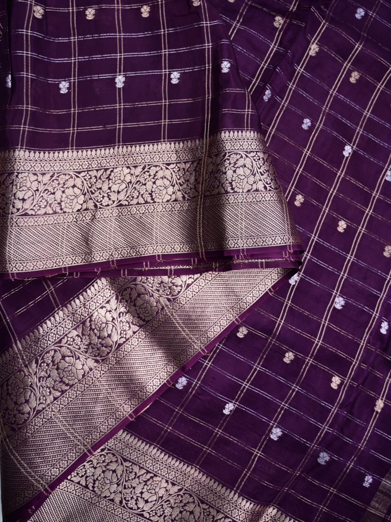 Tabby silk fancy saree dark wine color allover zari checks, motifs & zari border with short pallu and contrast blouse