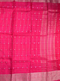 Tabby silk fancy saree cherry pink color allover zari checks, motifs & zari border with short pallu and contrast blouse