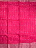 Tabby silk fancy saree cherry pink color allover zari checks, motifs & zari border with short pallu and contrast blouse