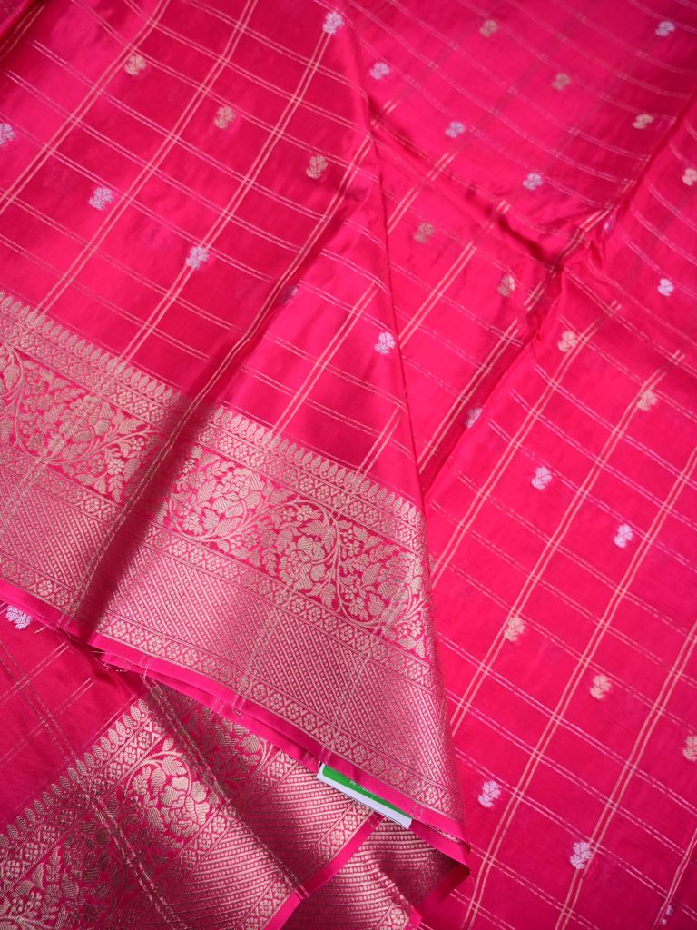 Tabby silk fancy saree cherry pink color allover zari checks, motifs & zari border with short pallu and contrast blouse